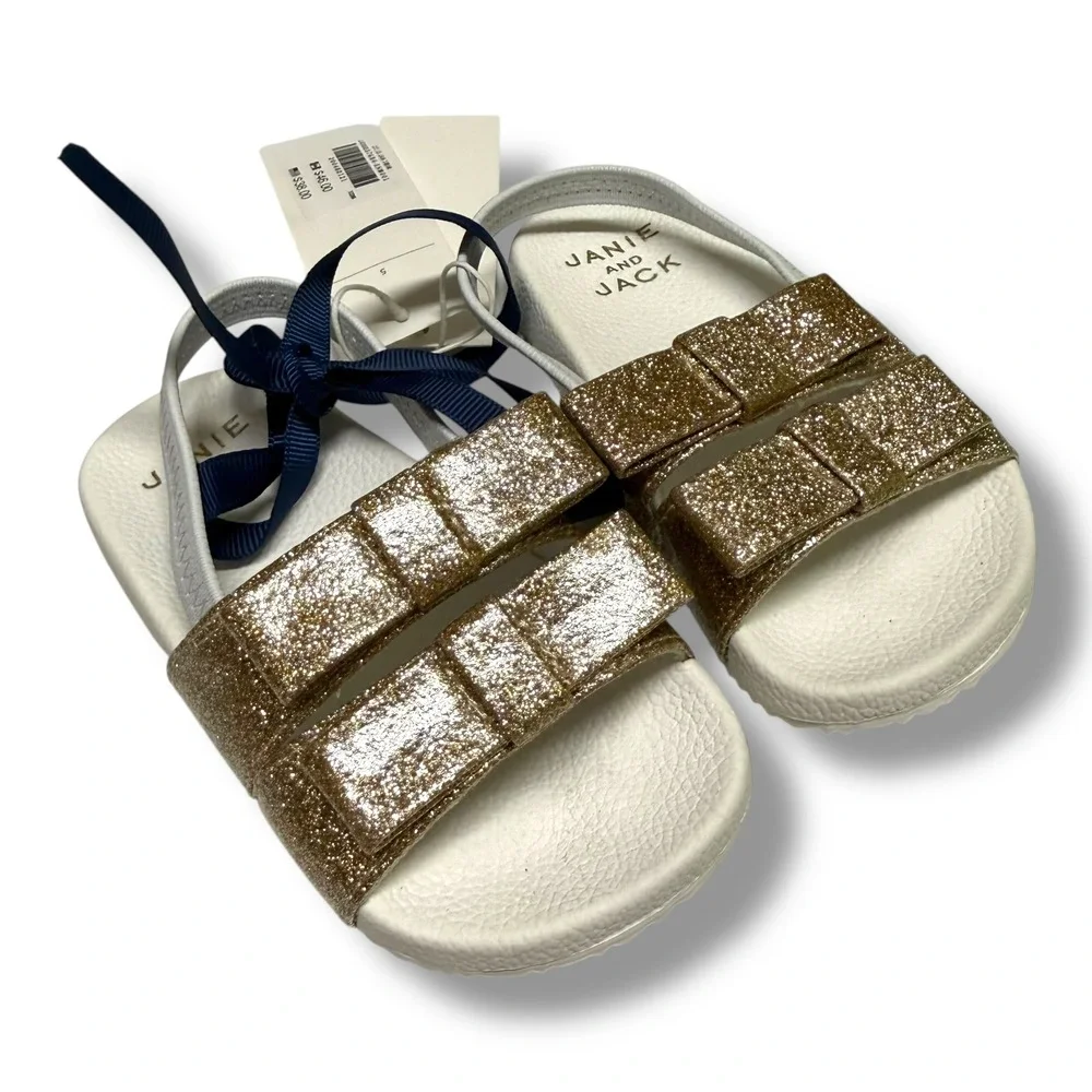 Janie and Jack Girls Gold Glitter Pool Double Bow Slide Sandals Elastic‎ Strap 5